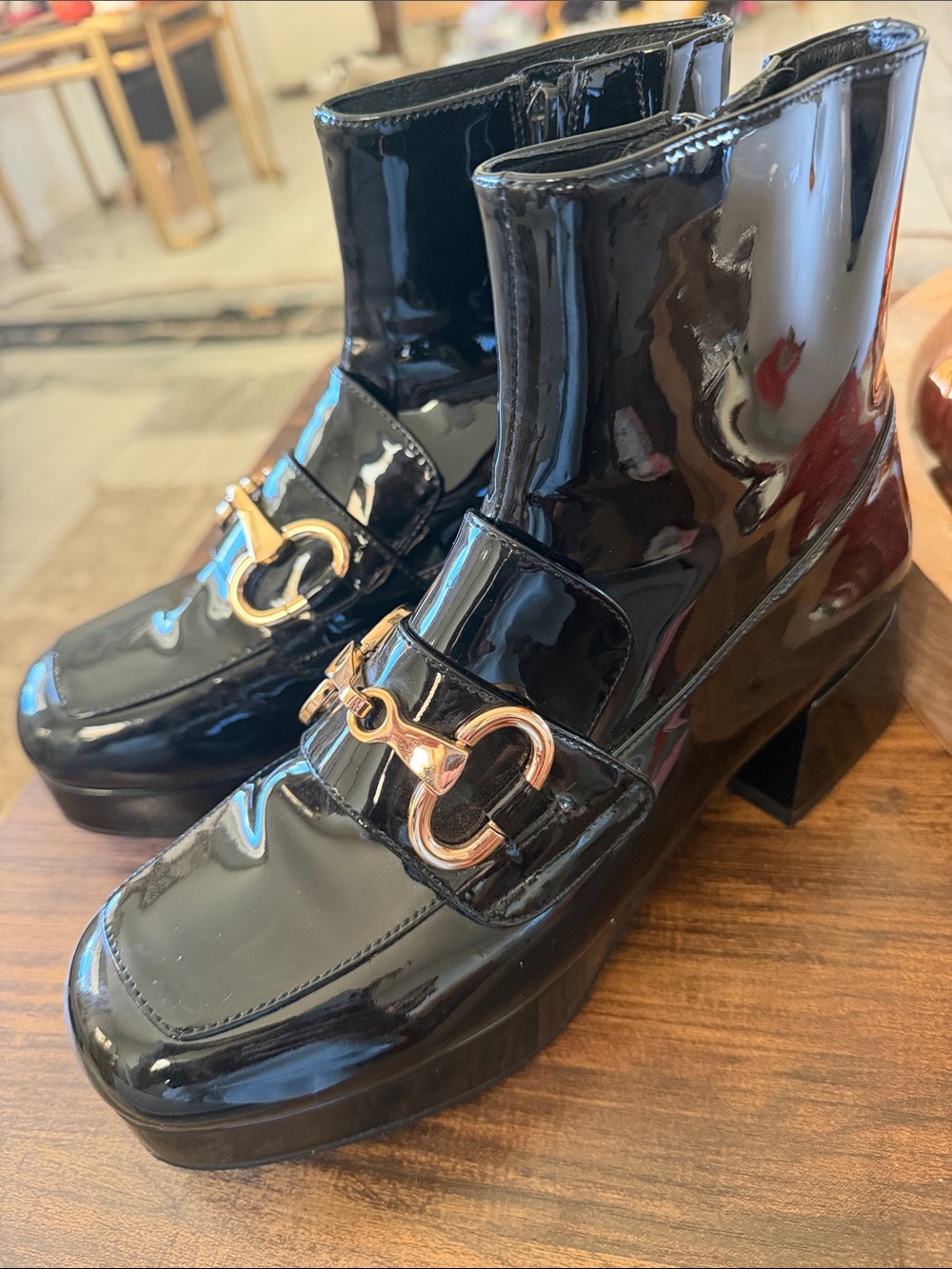 Jeffrey Campbell Black Patent Leather, Ankle Boots with Gold hardware.